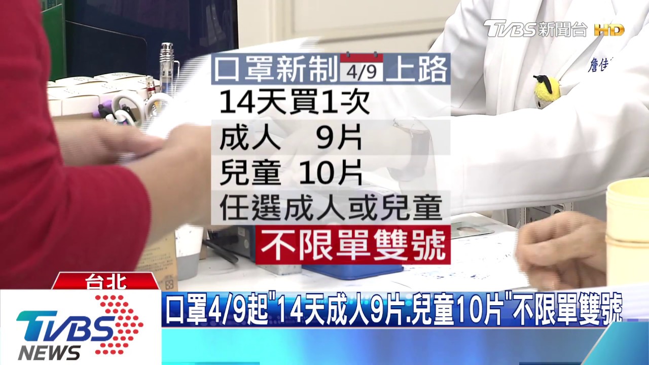 口罩4/9起「14天成人9片、兒童10片」不限單雙號