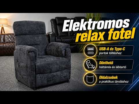 Elektromos, dönthető relax fekvőfotel, sötétszürke szövet - Videó