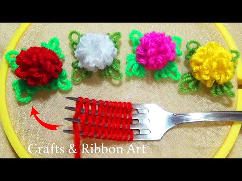 Easy Flower Craft Ideas with Wool - Amazing Trick with Fork - Hand Embroidery Flower Design