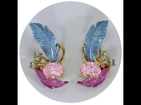 Cercei Argint 925 Aluminiu Cubic Zirconia Frunze si Muguri Degrade Bleu Roz