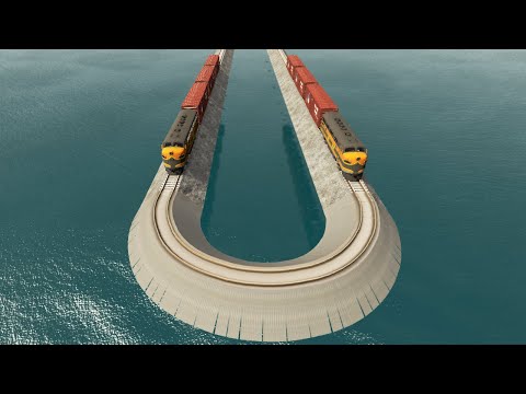 Trains Vs Impossible U Turn Rail Tracks Crossing Deep Water - BeamNG.Drive