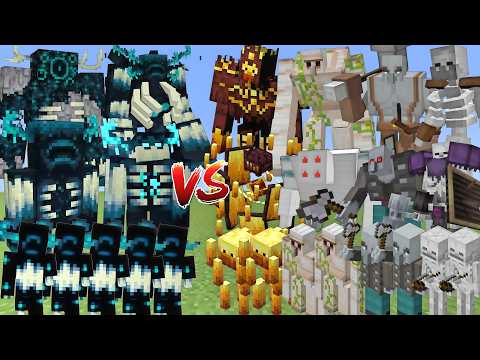 WARDENS ALLIANCE Vs BLAZES & IRON GOLEMS & PILLAGERS & SKELETONS ALLIANCE MOBS BATTLE IN MINECRAFT