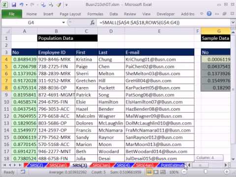 Excel 2010 Statistics 67: Formula To Extract Simple Random Sample