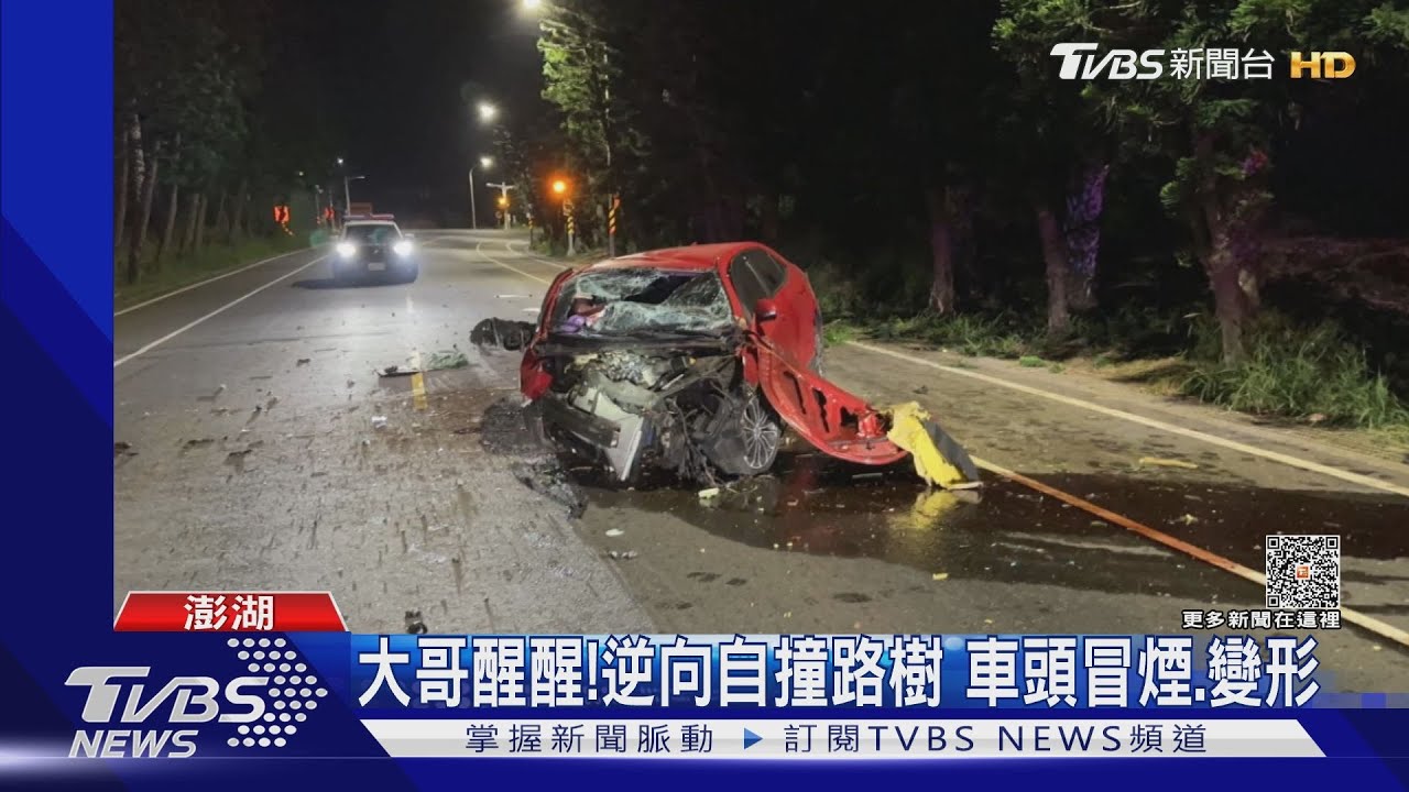 大哥醒醒!逆向自撞路樹 車頭冒煙變形