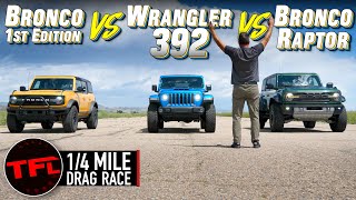 Does The New Bronco RAPTOR Have What It Takes to Demolish The HEMI V8 Jeep Wrangler In a Drag Race? by The Fast Lane Car
