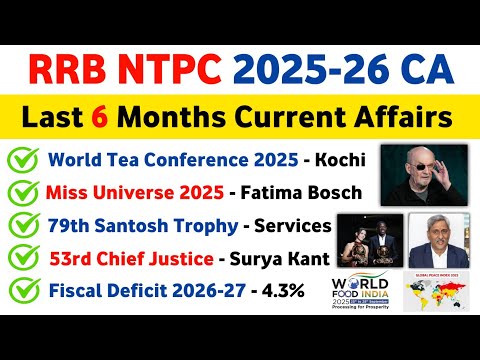RRB NTPC 2026 | Most Important 100 Current Affairs 2025-26 | Last 6 Months Current Affairs 2026 |