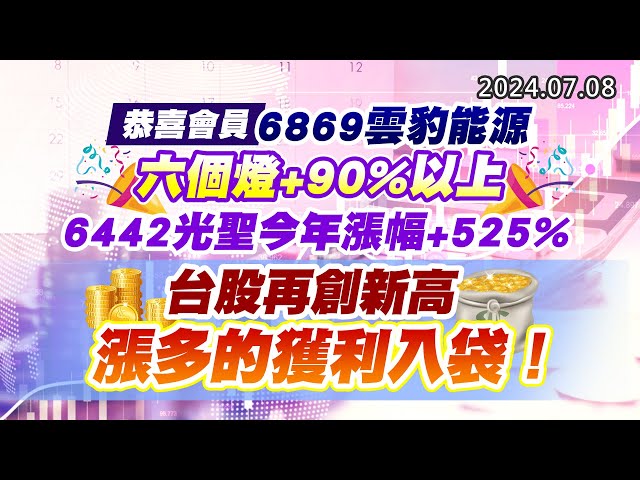 20240708《股市最錢線》#高閔漳 ”恭喜會員6869雲豹能源，六個燈+90%以上“” 6442光聖今年漲幅+525%，台股再創新高，漲多的獲利入袋！ “