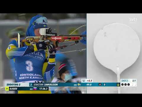29.11.2020 Kontiolahti Sprint Sebastian Samuelsson slowmotion of standing shooting with targets