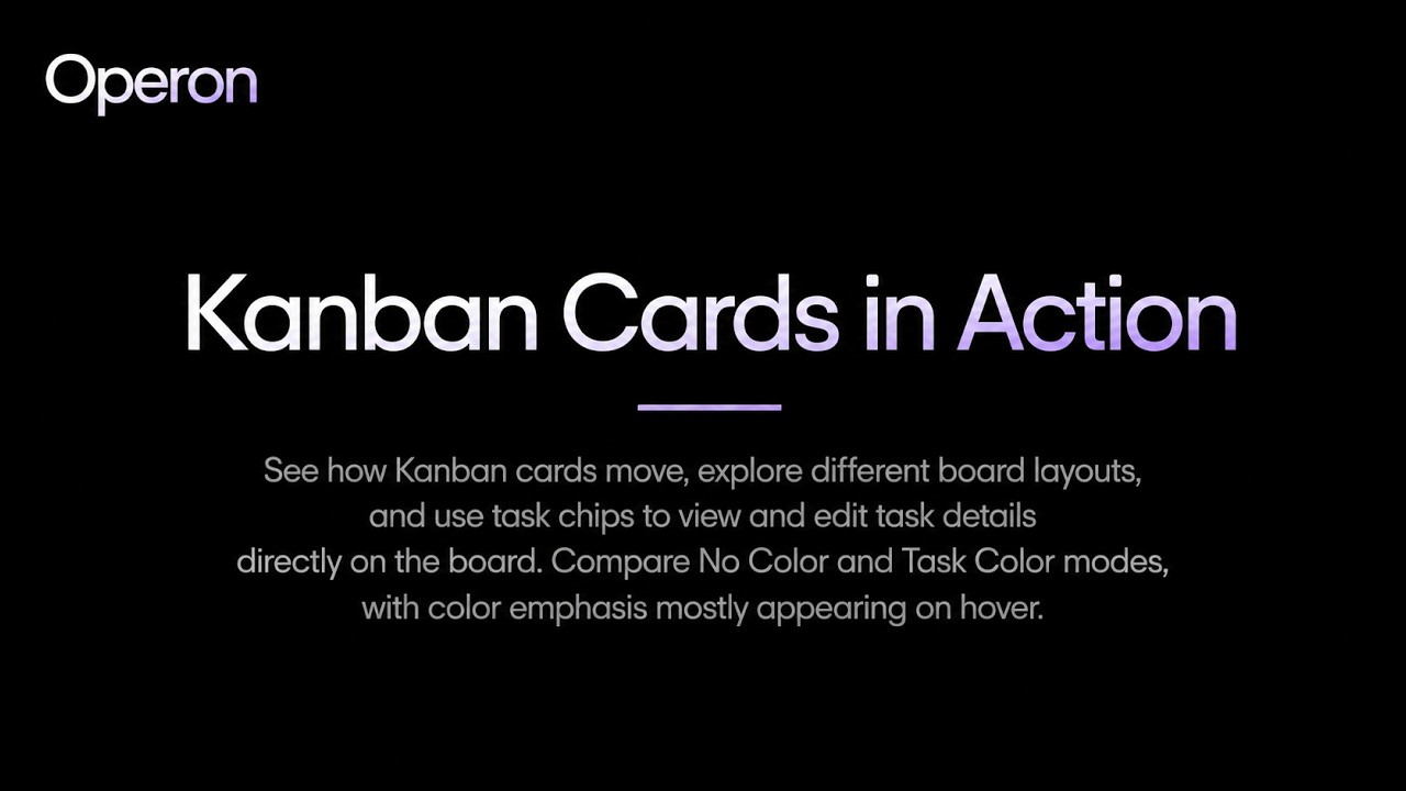 Video: Kanban cards in action, with task chips, trailing action chips, an active timer shown as Stop, and the active column and swimlane highlighted