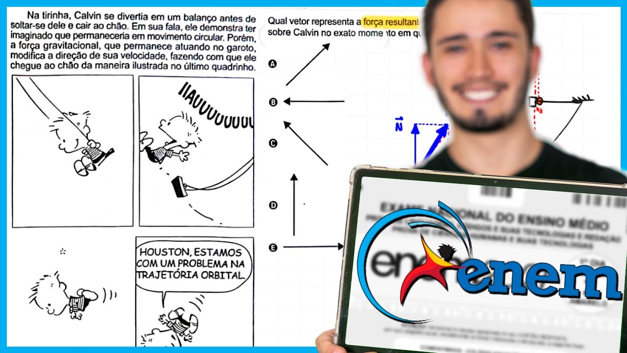 ENEM 2024 - Na tirinha, Calvin se divertia em um balanço antes de soltar-se dele e cair ao chão. Em