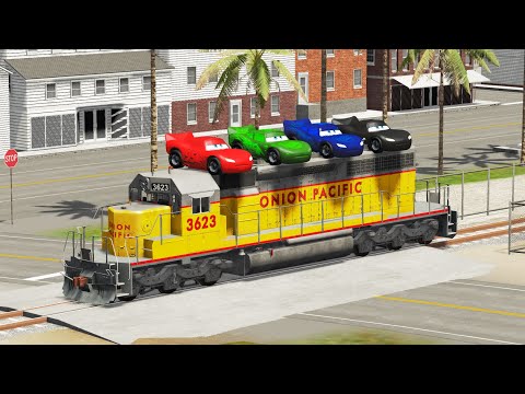 Trains vs Portal Trap with Slide Colors - Cars vs Rails and Trains - BeamNG.Drive
