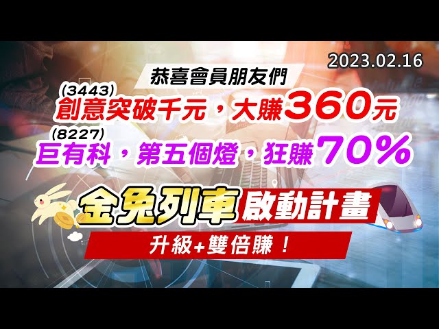 20230216《股市最錢線》#高閔漳 恭喜會員朋友們，3443創意突破千元，大賺360元；8227巨有科，第五個燈，狂賺70%”“金兔列車啟動計畫，升級+雙倍賺！