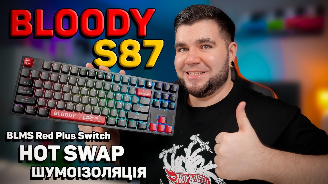 Механічна ігрова клавіатура Bloody S87 (Energy Red), червоні світчі, RGB підсвічування клавіш, USB, чорний