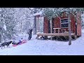 snow storm at the off grid cabin
