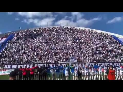 Baník Ostrava players & fans celebrating their victory away at Olomouc