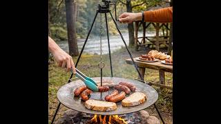 Grilovacia súprava CLASSIC STEEL PRO: Trojnožka 1,2 m s kladkou + Železná panvica 49 cm