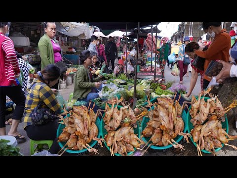 Morning Food Market Scene @TakhmauThmey - Fresh Banana, Pork, Beef, Fish, Vegetable & More in Market