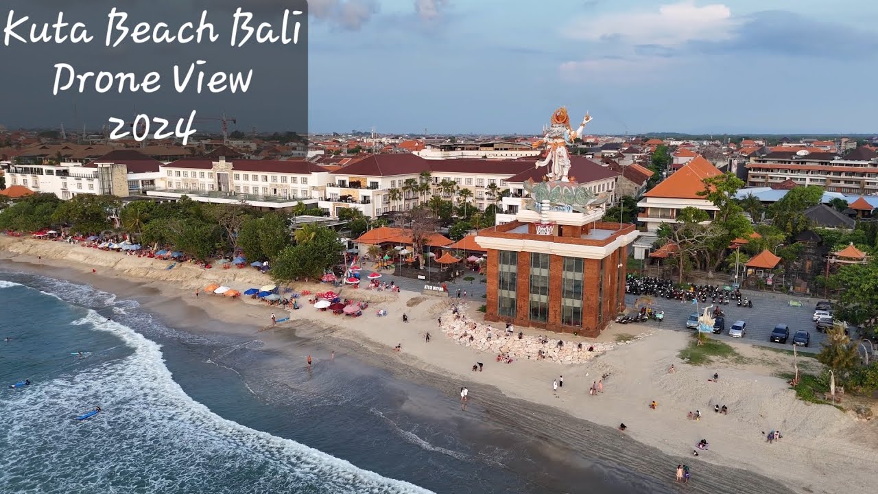 Experience aerial panoramas of Kuta Beach.