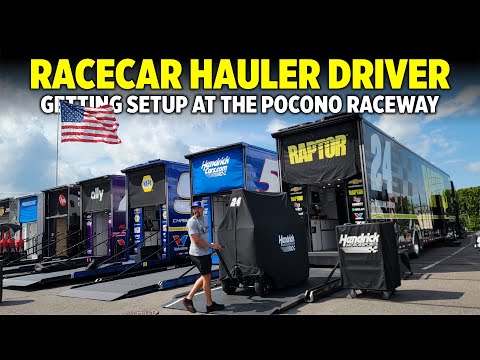 Getting a racecar hauler setup for a NASCAR race at the Pocono Raceway