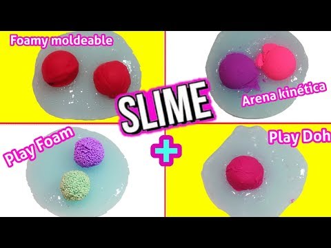 Mezclando slime con arena kinetica, play foam, foamy moldeable y play doh