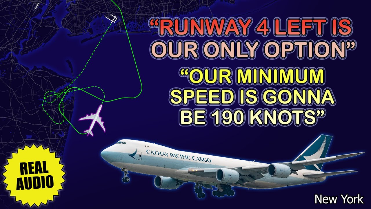 High speed landing. Cathay Pacific Boeing 747 has leading flaps issue at New York Kennedy. Real ATC