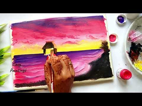 💗Lovely Pink Sunset Scenery Painting  | Relaxing Acrylic Painting | Simple Landscape Painting