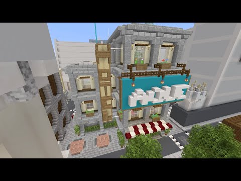 Minecraft hertmitcraft aqua town style hotel part 2 exterior and interior
