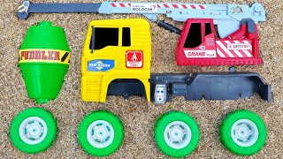 Searching for and assembling large cement mixer trucks, cranes, wobbly trucks, telolet buses, and...