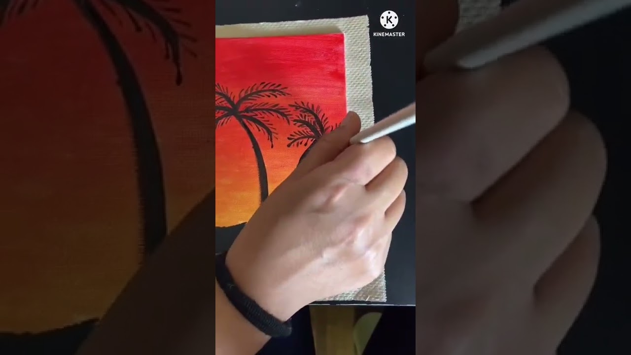 How to paint Beautiful SUNSET along with palm trees// My Simple canvas sunset painting 🎨 🌅 🖼