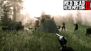 Huge Grizzly enters camp in midst of gunfight - 4K HD - First person no Deadeye