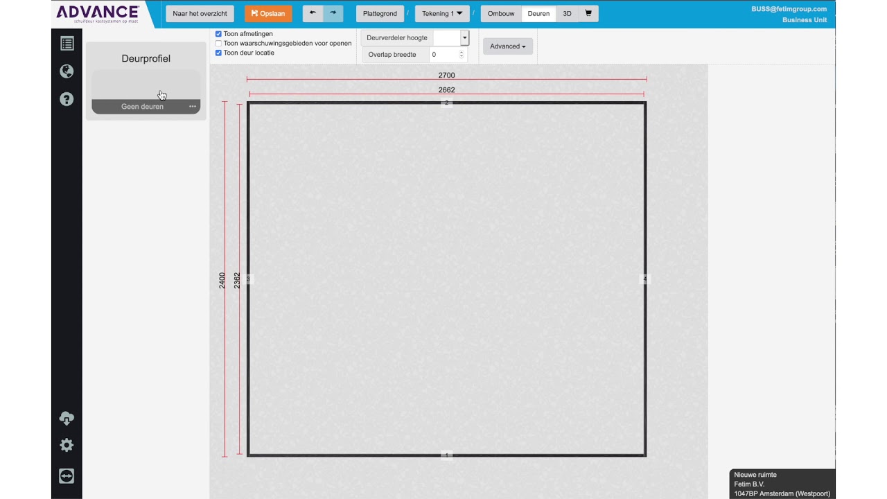 Deuren opstelling tekenen (zonder ombouwpanelen)