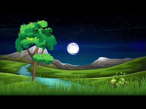 🌝🎶 Night Sky Full Moon Grassy Valley Nature Kids Cartoon Background
