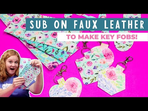 Part of a video titled How to Do Sublimation on Faux Leather (And Make Key Fobs!)
