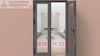 Cửa đi mở quay 2 cánh nhôm Xingfa Quảng Đông tem đỏ màu xám ghi bản lề 4D