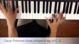 jazz piano lesson Oscar Peterson blues phrase in key of C 2