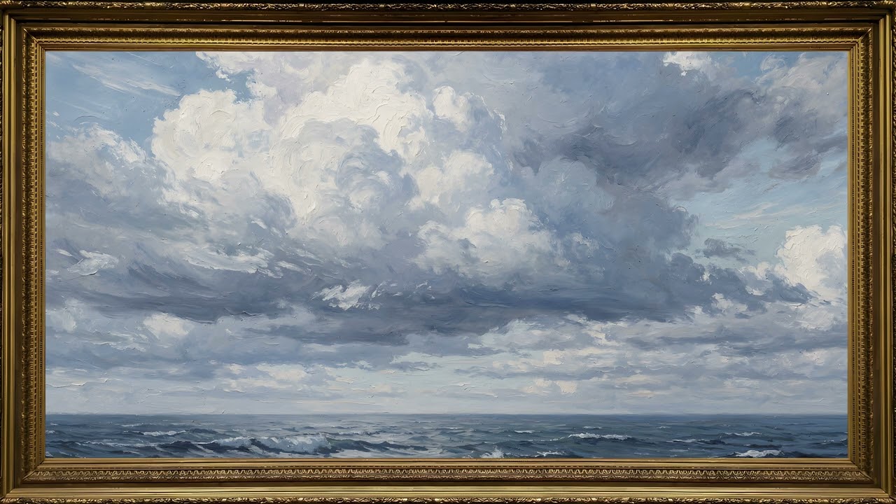 Moody Ocean Waves & Dramatic Sky in Gold Frame 4K | Coastal Oil Painting TV Art  2 Hours — 4K ambient art screensaver in baroque gold frame