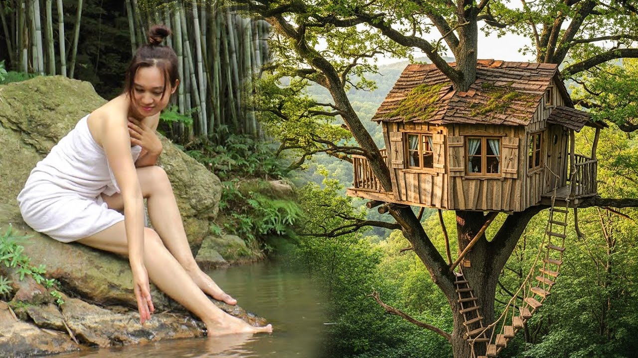 Solo Survival: Young Girl Builds Amazing Tree House in Wild Forest!
