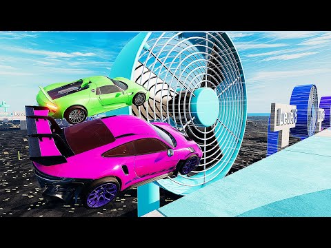 Cars VS Giant DUAL FANS Challenge Race - Sports Car Driver - BeamNG Drive