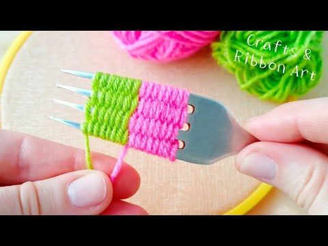 Superb Woolen Flower Making Trick Using Fork-  Hand Embroidery Amazing Flower Design - Sewing Hack