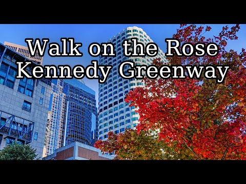 [4K] Boston MA beautiful walk on the Rose Kennedy Greenway fall foliage. Golden morning light.
