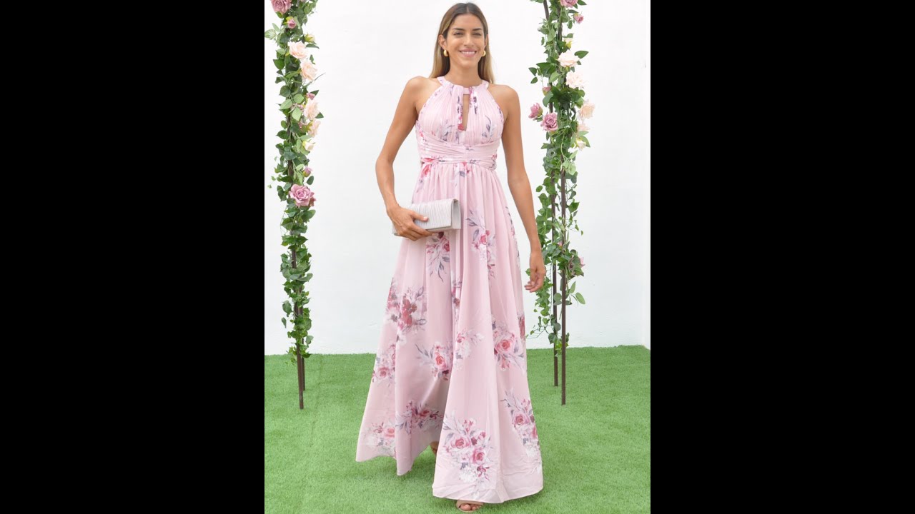 Vestido fiesta largo cuello halter espalda al aire estampado floral - meua Boutique