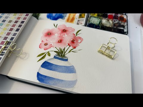 Watercolor Journal Day 214 (Striped vase and flowers)