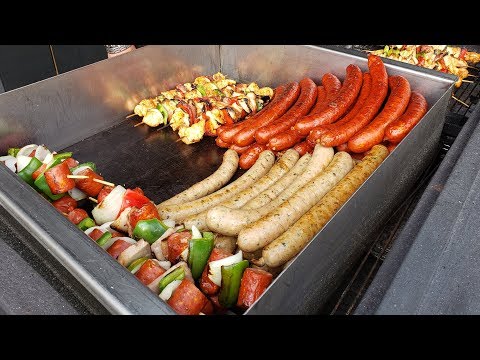 Prague Street Food Markets. Sausages, Skewers, Melted Cheese, Snails, Fried Pancakes
