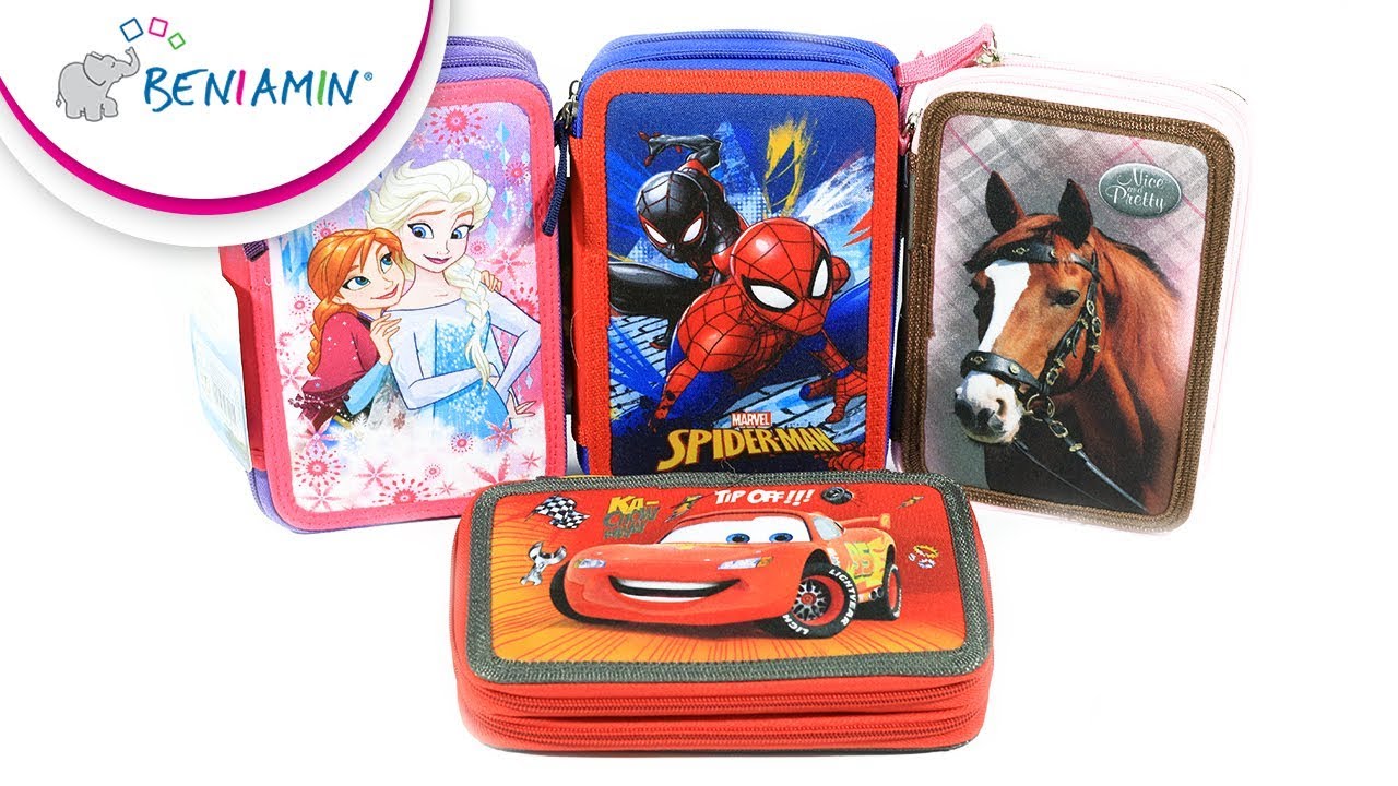 Piórniki szkolne • Podwójne przegrody • Wyposażenie • Disney Frozen • Spiderman • Cars
