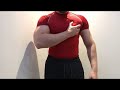 Red shirt cocky pumped muscles and pec squeeze