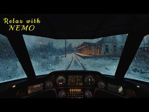 Relaxing Night Train Cab Ride Through an Icy Snowstorm 🚆 Dimly Lit Train Locomotive Cockpit Ambience