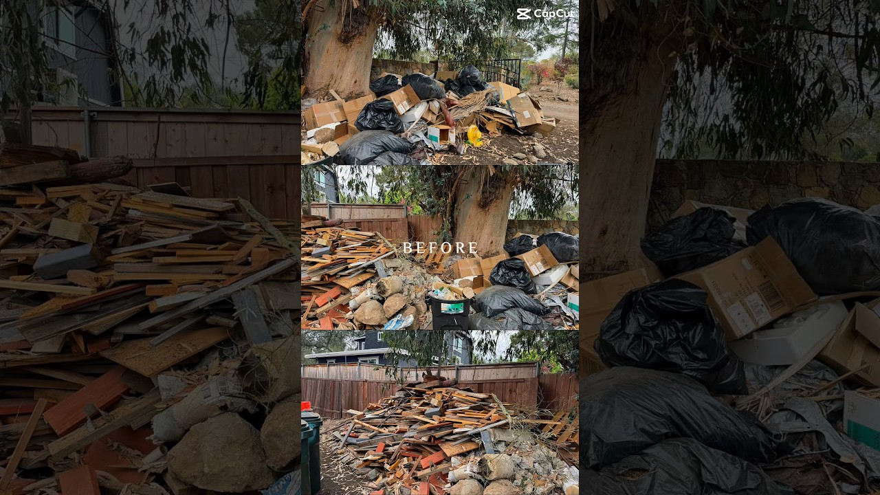 Before and after junk removal at an Oceanside, California property cleared by Lightweight Debris Removal