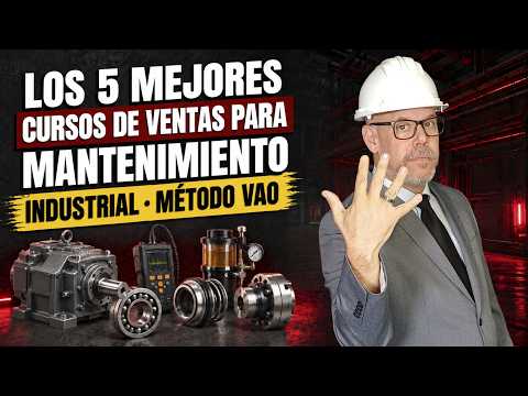Presentación de los cursos de ventas de VAO para mantenimiento industrial, con rodamientos, un motorreductor y equipos de lubricación y medición en primer plano