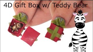 4D Opening Gift Box with a Teddy Bear Acrylic Nail Art Tutorial | Christmas