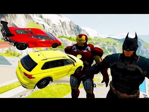 High Speed Jumps Between Iron Man & Batman - BeamNG Drive Funny Jumps With Iron Man & Batman
